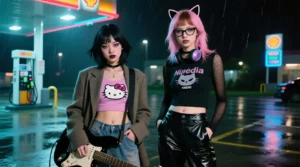 cinematic portrait of two stunning 22-year-old Nu Gaze band members side by side in a rainy gas station parking lot at night, facing camera. LEFT – Japanese-American: petite, sharp East Asian features, flawless skin, heavy smudged black eyeliner, smoky mauve eyeshadow, deep plum lips, smoldering intense gaze. Textured shoulder-length black hair with choppy uneven bangs. Fitted Hello Kitty crop top, oversized tweed blazer, baggy low-rise jeans, battered Jag-Stang guitar. RIGHT – Caucasian: tall willowy build, striking angular features, cool porcelain skin, raccoon-style black eyeliner, ashy grey eyeshadow, pale nude lips, penetrating hypnotic stare. Waist-length chalky pink hair with dark brown roots. Y2K glasses, Cyberia 1999 baby tee over black mesh long sleeve, PVC pants, cat-ear headphones around neck, hands in pockets. Sodium vapor and cyan neon rim lighting, rainy asphalt reflections, 35mm film grain, VHS chromatic aberration, grunge-emo hybrid aesthetic, Gen Z revival, thrift fashion, shot on film