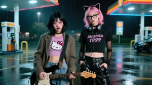 cinematic portrait of two stunning 22-year-old Nu Gaze band members side by side in a rainy gas station parking lot at night, facing camera. LEFT – Japanese-American: petite, sharp East Asian features, flawless skin, heavy smudged black eyeliner, smoky mauve eyeshadow, deep plum lips, smoldering intense gaze. Textured shoulder-length black hair with choppy uneven bangs. Fitted Hello Kitty crop top, oversized tweed blazer, baggy low-rise jeans, battered Jag-Stang guitar. RIGHT – Caucasian: tall willowy build, striking angular features, cool porcelain skin, raccoon-style black eyeliner, ashy grey eyeshadow, pale nude lips, penetrating hypnotic stare. Waist-length chalky pink hair with dark brown roots. Y2K glasses, Cyberia 1999 baby tee over black mesh long sleeve, PVC pants, cat-ear headphones around neck, hands in pockets. Sodium vapor and cyan neon rim lighting, rainy asphalt reflections, 35mm film grain, VHS chromatic aberration, grunge-emo hybrid aesthetic, Gen Z revival, thrift fashion, shot on film