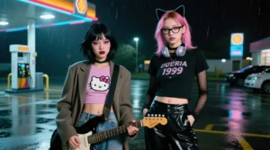cinematic portrait of two stunning 22-year-old Nu Gaze band members side by side in a rainy gas station parking lot at night, facing camera. LEFT – Japanese-American: petite, sharp East Asian features, flawless skin, heavy smudged black eyeliner, smoky mauve eyeshadow, deep plum lips, smoldering intense gaze. Textured shoulder-length black hair with choppy uneven bangs. Fitted Hello Kitty crop top, oversized tweed blazer, baggy low-rise jeans, battered Jag-Stang guitar. RIGHT – Caucasian: tall willowy build, striking angular features, cool porcelain skin, raccoon-style black eyeliner, ashy grey eyeshadow, pale nude lips, penetrating hypnotic stare. Waist-length chalky pink hair with dark brown roots. Y2K glasses, Cyberia 1999 baby tee over black mesh long sleeve, PVC pants, cat-ear headphones around neck, hands in pockets. Sodium vapor and cyan neon rim lighting, rainy asphalt reflections, 35mm film grain, VHS chromatic aberration, grunge-emo hybrid aesthetic, Gen Z revival, thrift fashion, shot on film