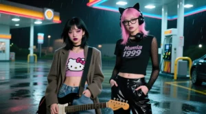 cinematic portrait of two stunning 22-year-old Nu Gaze band members side by side in a rainy gas station parking lot at night, facing camera. LEFT – Japanese-American: petite, sharp East Asian features, flawless skin, heavy smudged black eyeliner, smoky mauve eyeshadow, deep plum lips, smoldering intense gaze. Textured shoulder-length black hair with choppy uneven bangs. Fitted Hello Kitty crop top, oversized tweed blazer, baggy low-rise jeans, battered Jag-Stang guitar. RIGHT – Caucasian: tall willowy build, striking angular features, cool porcelain skin, raccoon-style black eyeliner, ashy grey eyeshadow, pale nude lips, penetrating hypnotic stare. Waist-length chalky pink hair with dark brown roots. Y2K glasses, Cyberia 1999 baby tee over black mesh long sleeve, PVC pants, cat-ear headphones around neck, hands in pockets. Sodium vapor and cyan neon rim lighting, rainy asphalt reflections, 35mm film grain, VHS chromatic aberration, grunge-emo hybrid aesthetic, Gen Z revival, thrift fashion, shot on film