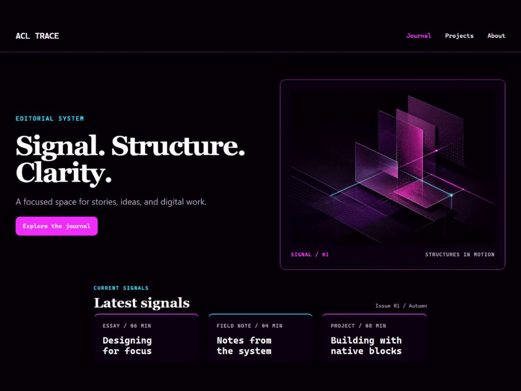ACL Trace 3.0.9 frontend preview showing dark editorial typography, navigation, a magenta button, cyan accents, and native-block content cards