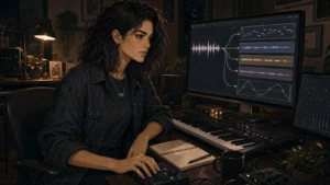 Cass Navarro leans toward a studio workstation as a single waveform expands into editable MIDI notes, stems, and automation lanes.