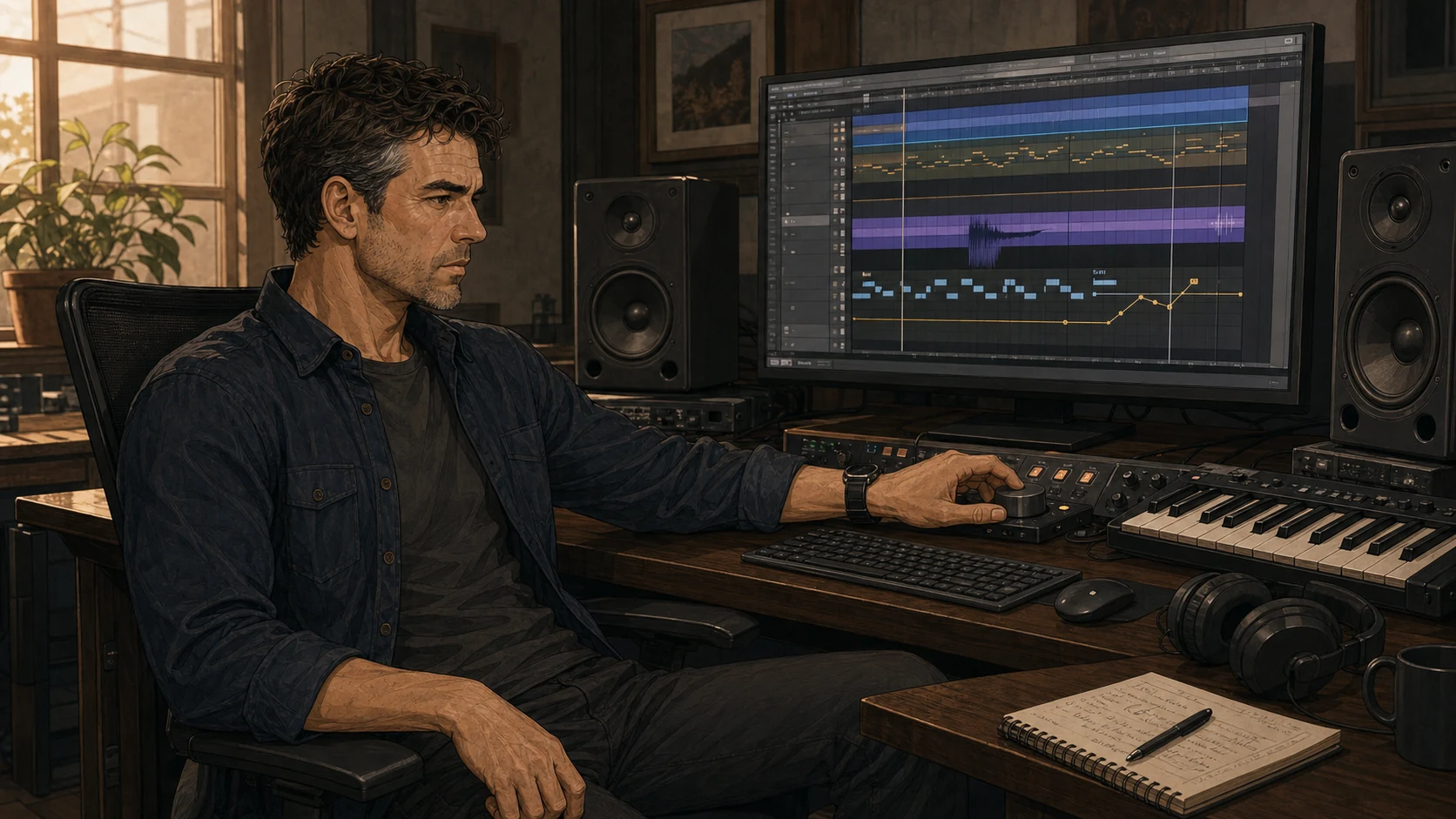 Nate Mercer listens at a studio workstation while a generic timeline shows MIDI, audio, automation, and one early transient.