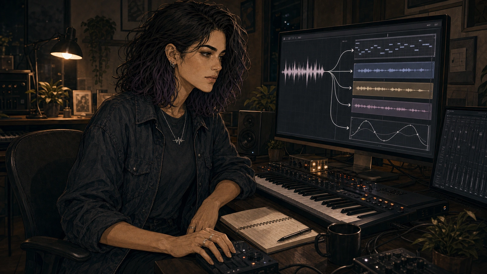 Cass Navarro leans toward a studio workstation as a single waveform expands into editable MIDI notes, stems, and automation lanes.