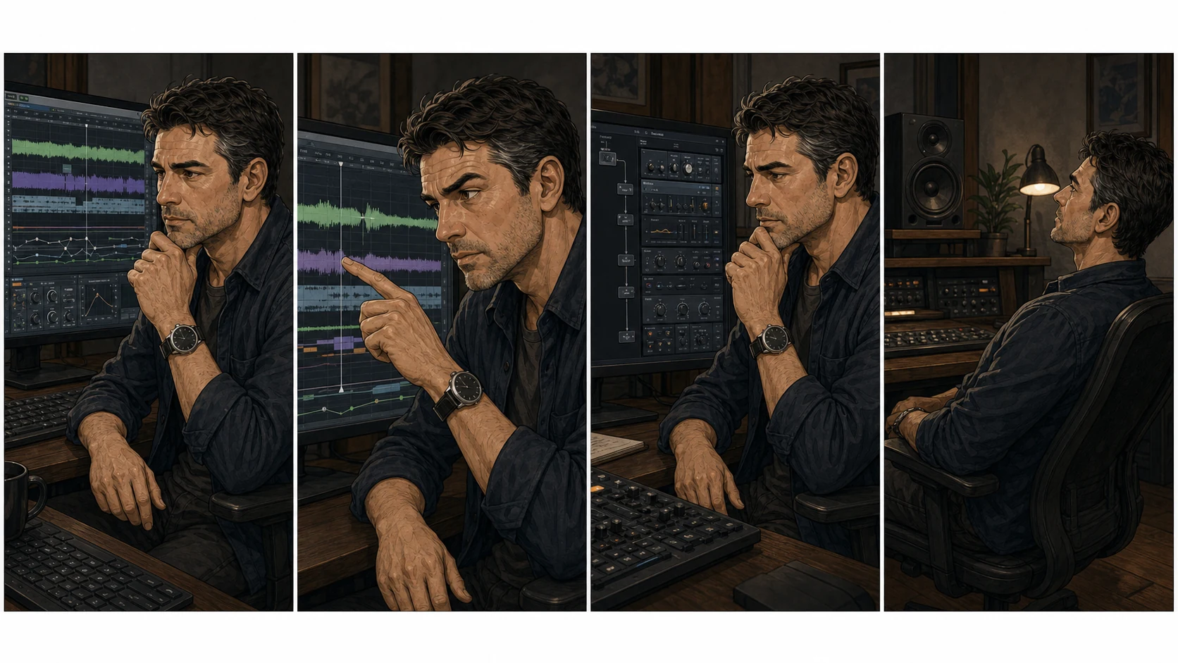 Four panels show Nate Mercer evaluating a production timeline, noticing an early transient, comparing a closed effects rack, and listening again through speakers.