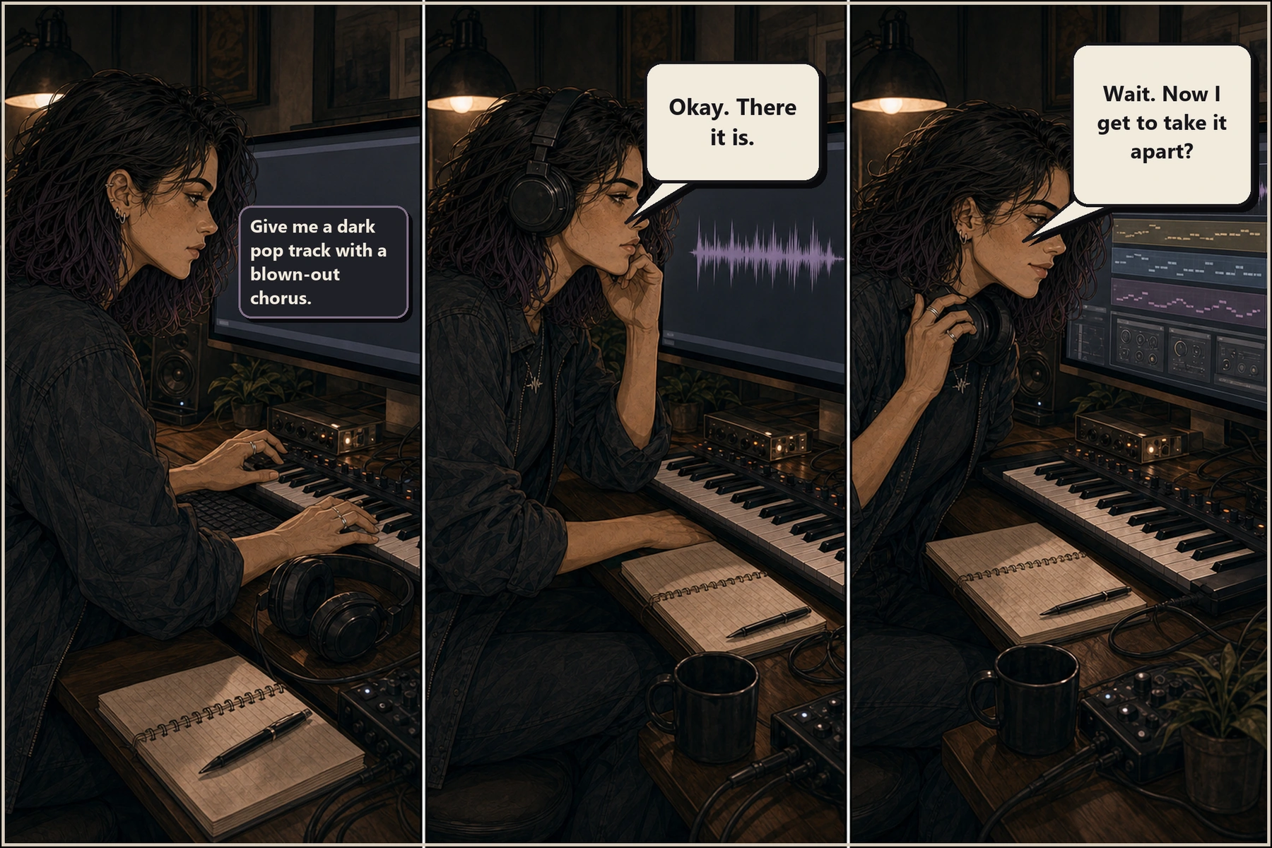 Three panels show Cass Navarro prompting for a dark pop track, receiving a finished waveform, then discovering editable stems, MIDI notes, effects, and automation.