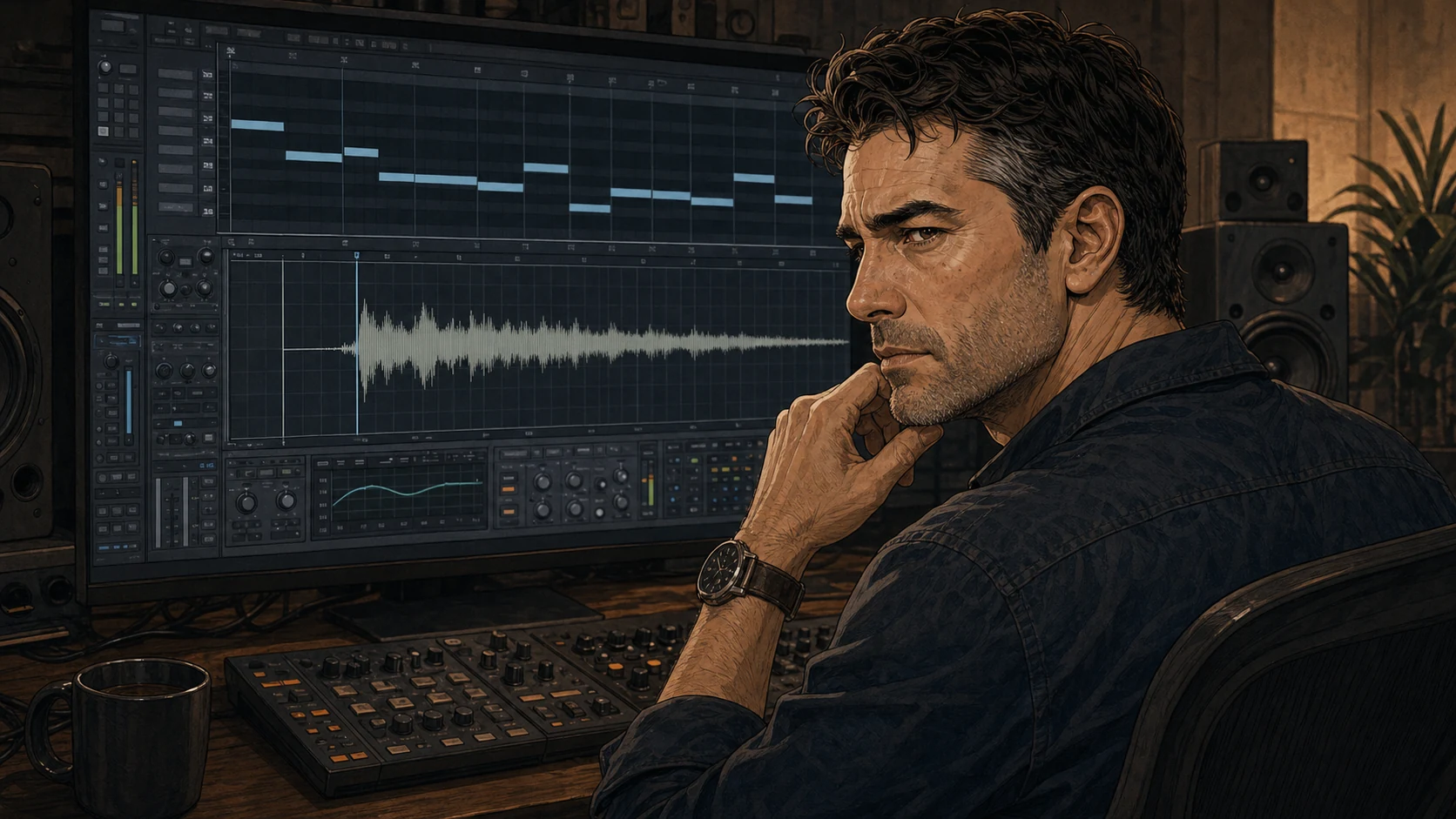Nate Mercer checks a generated waveform transient that starts slightly before the aligned MIDI grid.