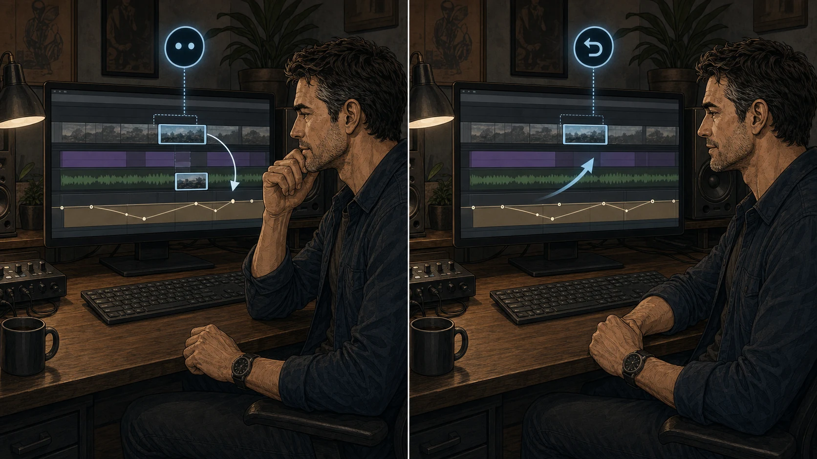 Two panels show a project-aware assistant moving a clip and then an undo action restoring the prior arrangement.