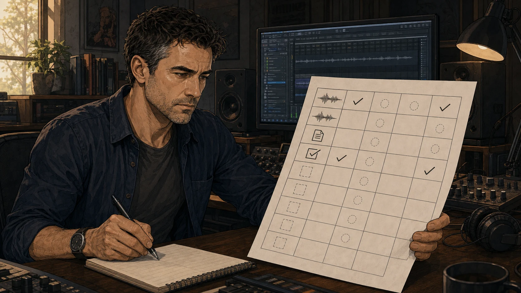 Nate Mercer compares a mostly blank production specification grid with a generic workstation.