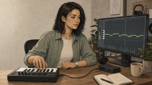 Lena Park plays a compact MIDI controller while checking input activity on a generic piano-roll track.