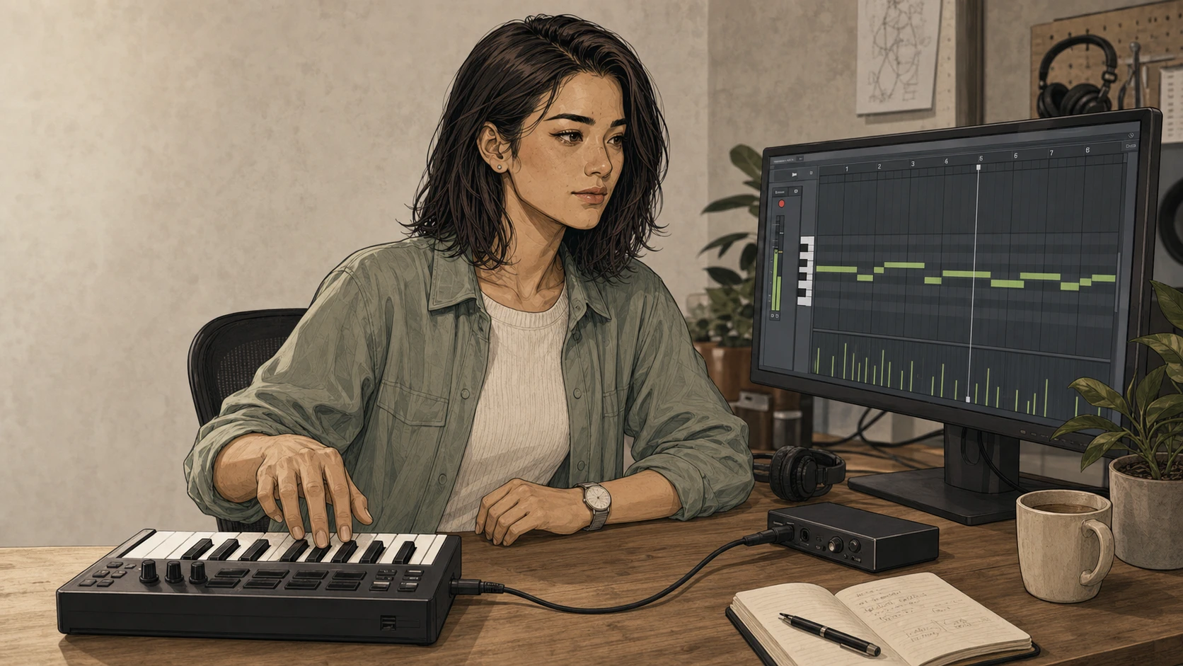Lena Park plays a compact MIDI controller while checking input activity on a generic piano-roll track.