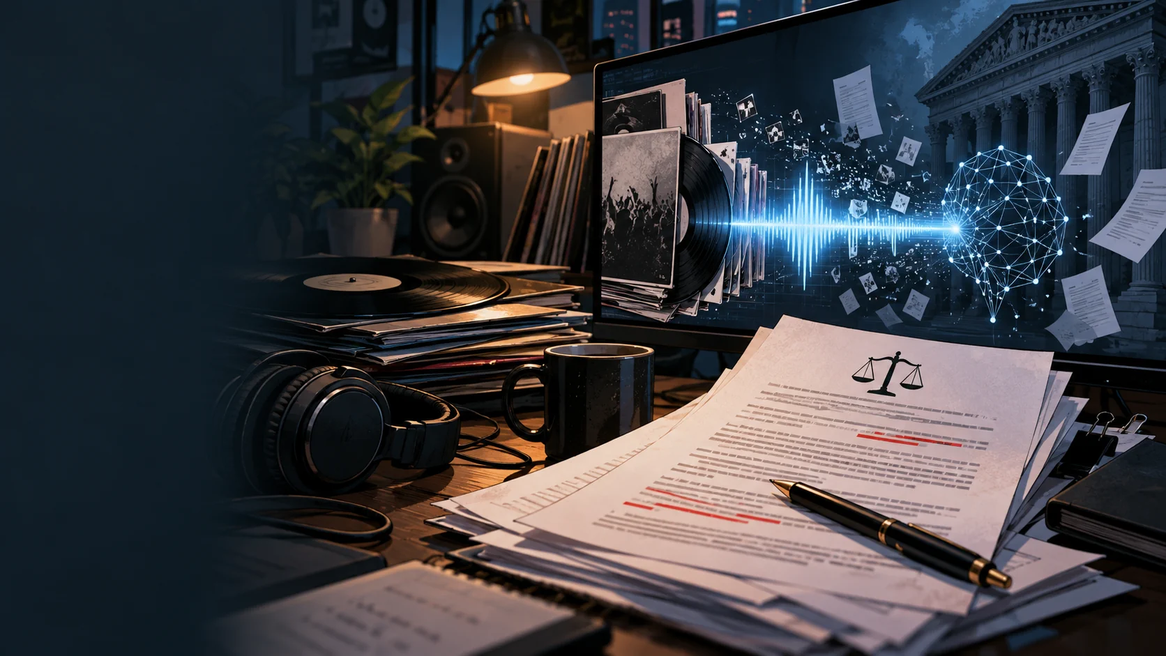 Editorial illustration of vinyl records, legal documents, and AI-generated audio imagery representing the copyright lawsuits against Suno.