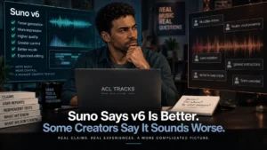 Adrian Cole reviewing competing claims and creator reactions about Suno v6 at an audio workstation.