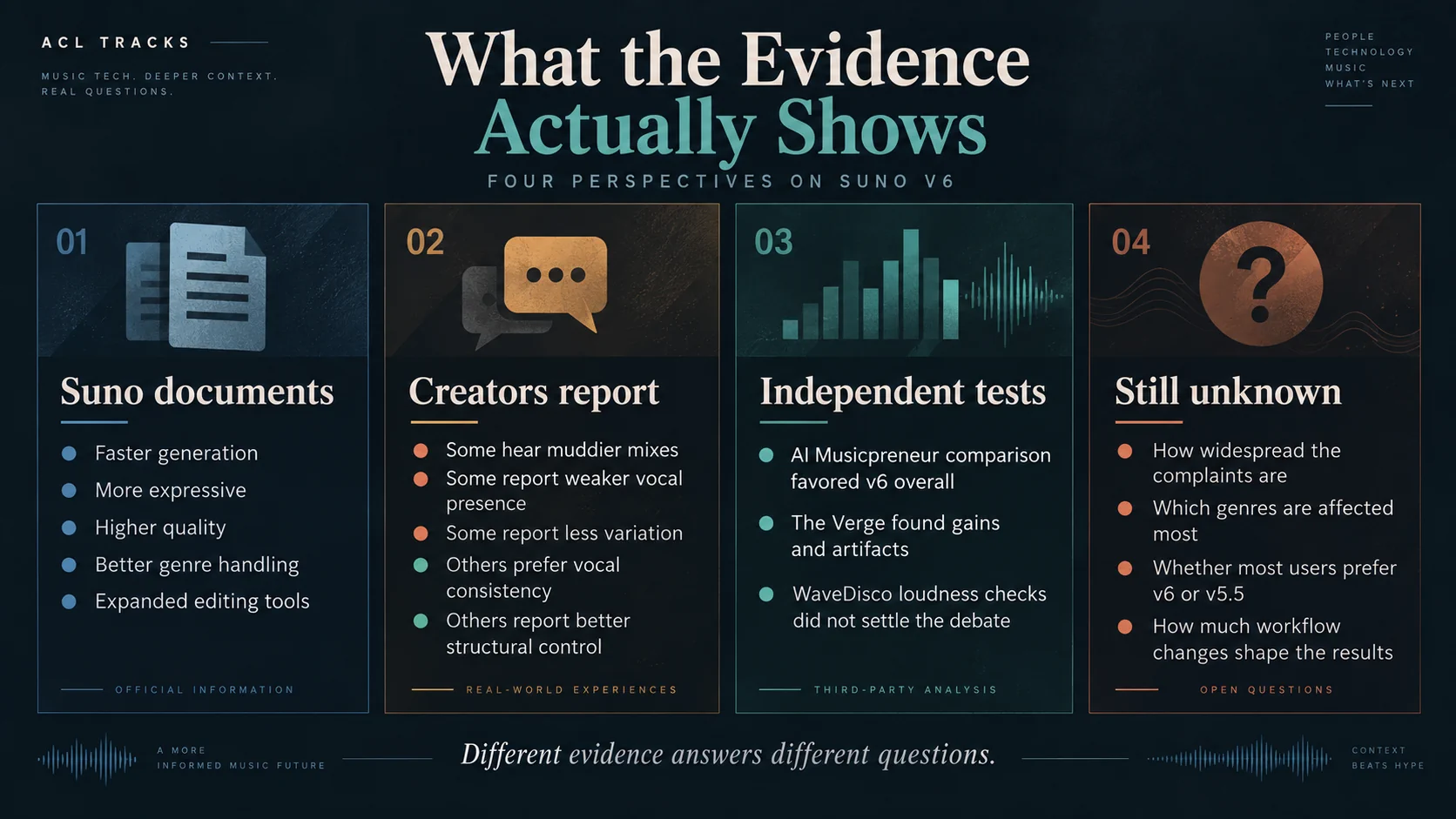 Infographic summarizing Suno v6 claims, creator reports, independent tests, and remaining unknowns.