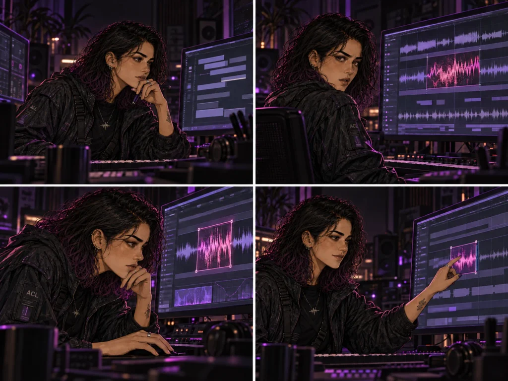 Four panels show Cass Navarro noticing and isolating an unusual section of generated audio.