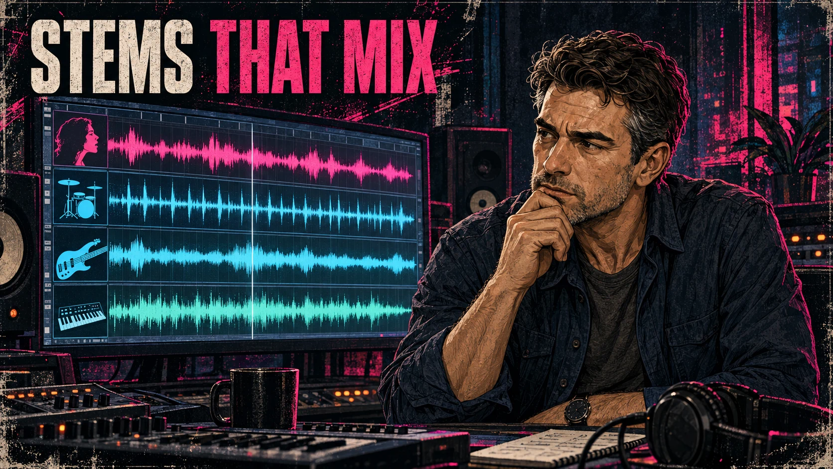 Nate Mercer studies separate vocal, drum, bass, and instrument waveforms at a mixing desk.