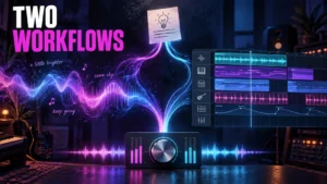 A music brief flows into two different production timelines before reaching a finished mix.