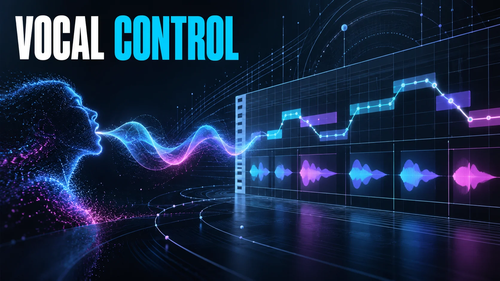 A vocal waveform flows into an editing grid with adjustable pitch and performance segments.
