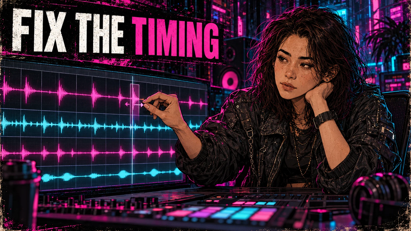 Lena Park adjusts one drum transient on a multitrack timeline while the surrounding groove remains loose.