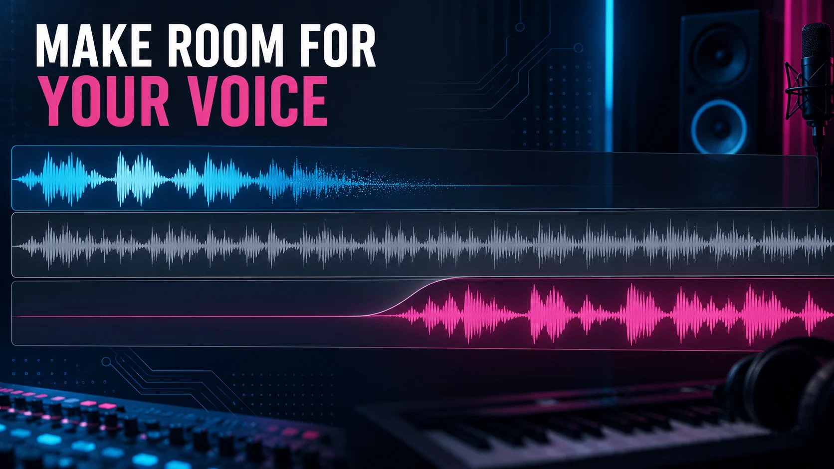 A separated vocal waveform fades away as a new vocal enters over an instrumental waveform.