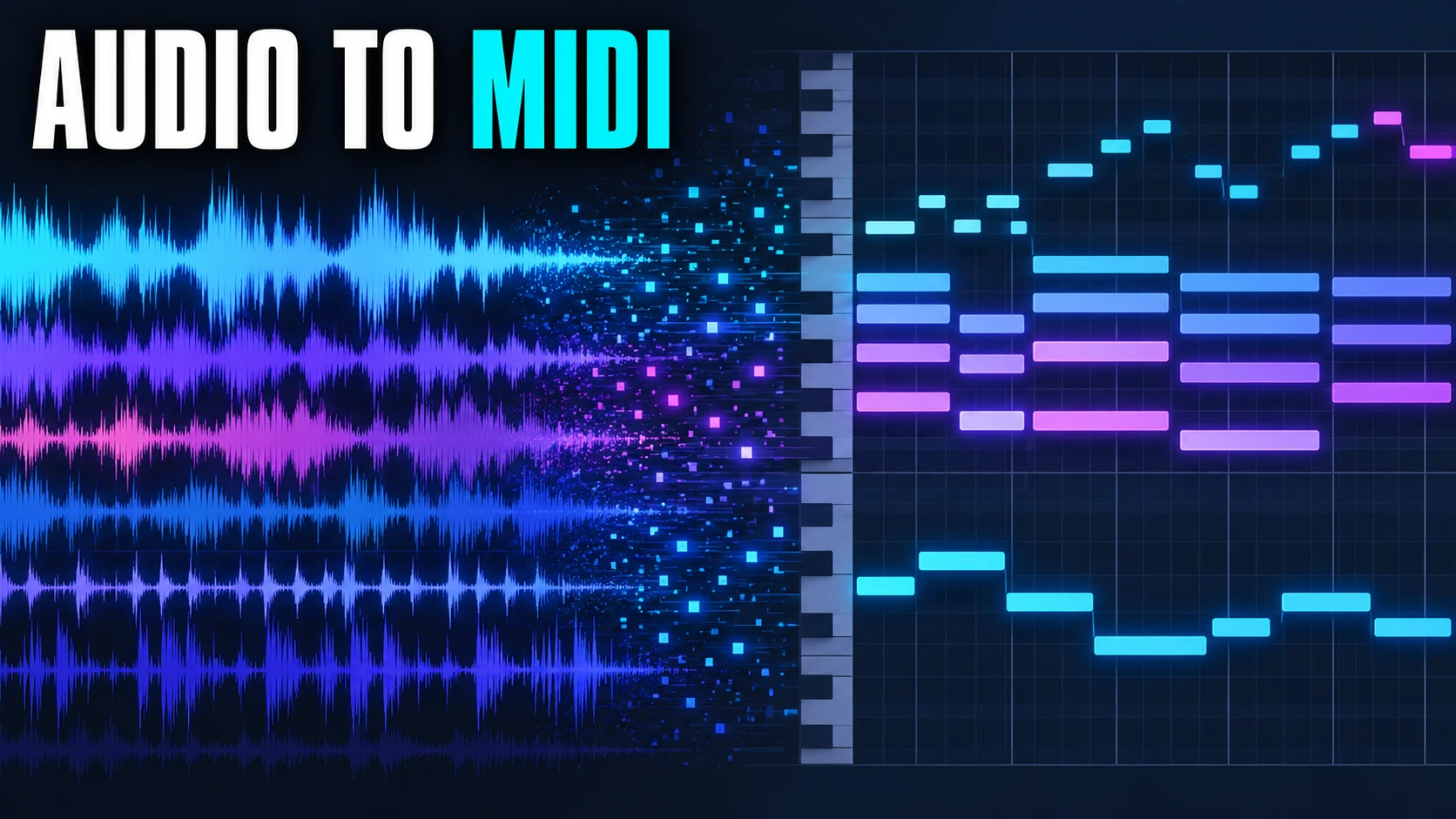 Layered audio waveforms transform into bass and chord MIDI notes on a piano roll.