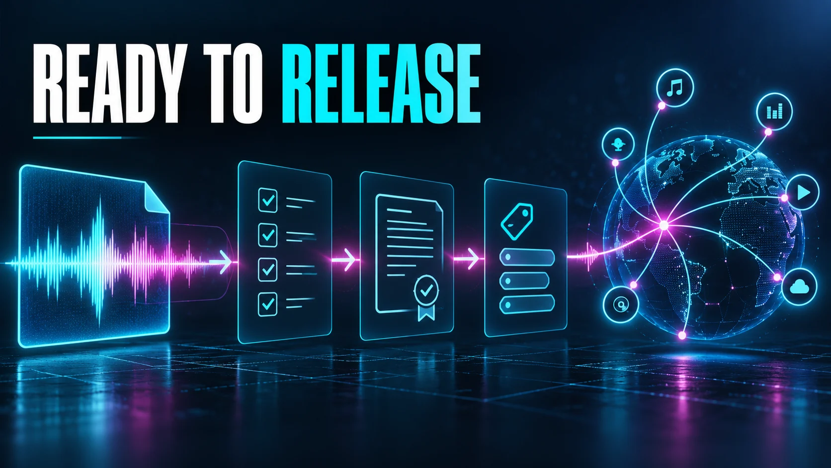 An audio file passes through release checks and metadata before reaching a distribution network.
