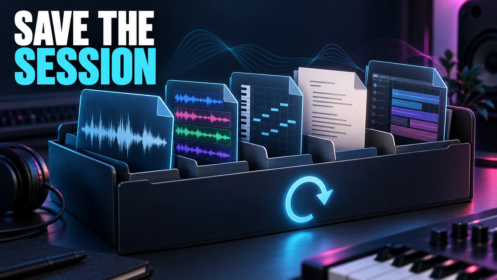 An archive folder holds a master waveform, stems, MIDI notes, lyrics, and a project session.