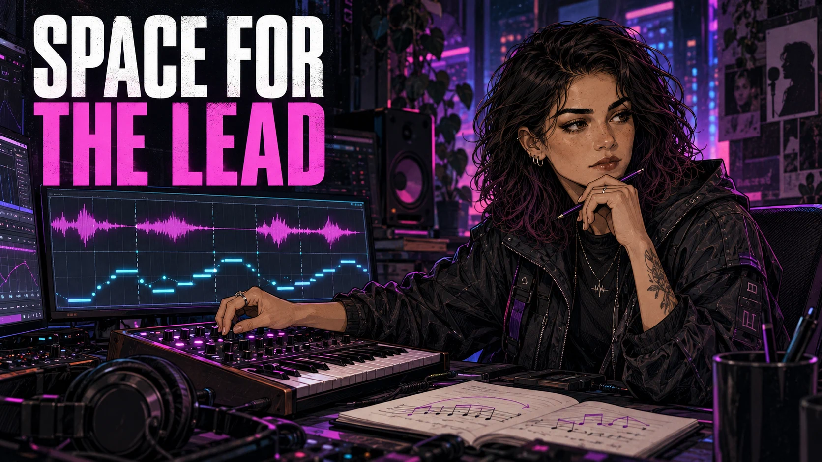 Cass Navarro explores a backing melody at a synthesizer beside a lead vocal waveform.