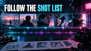 Five cinematic storyboard frames connect along a shot timeline above a music waveform.