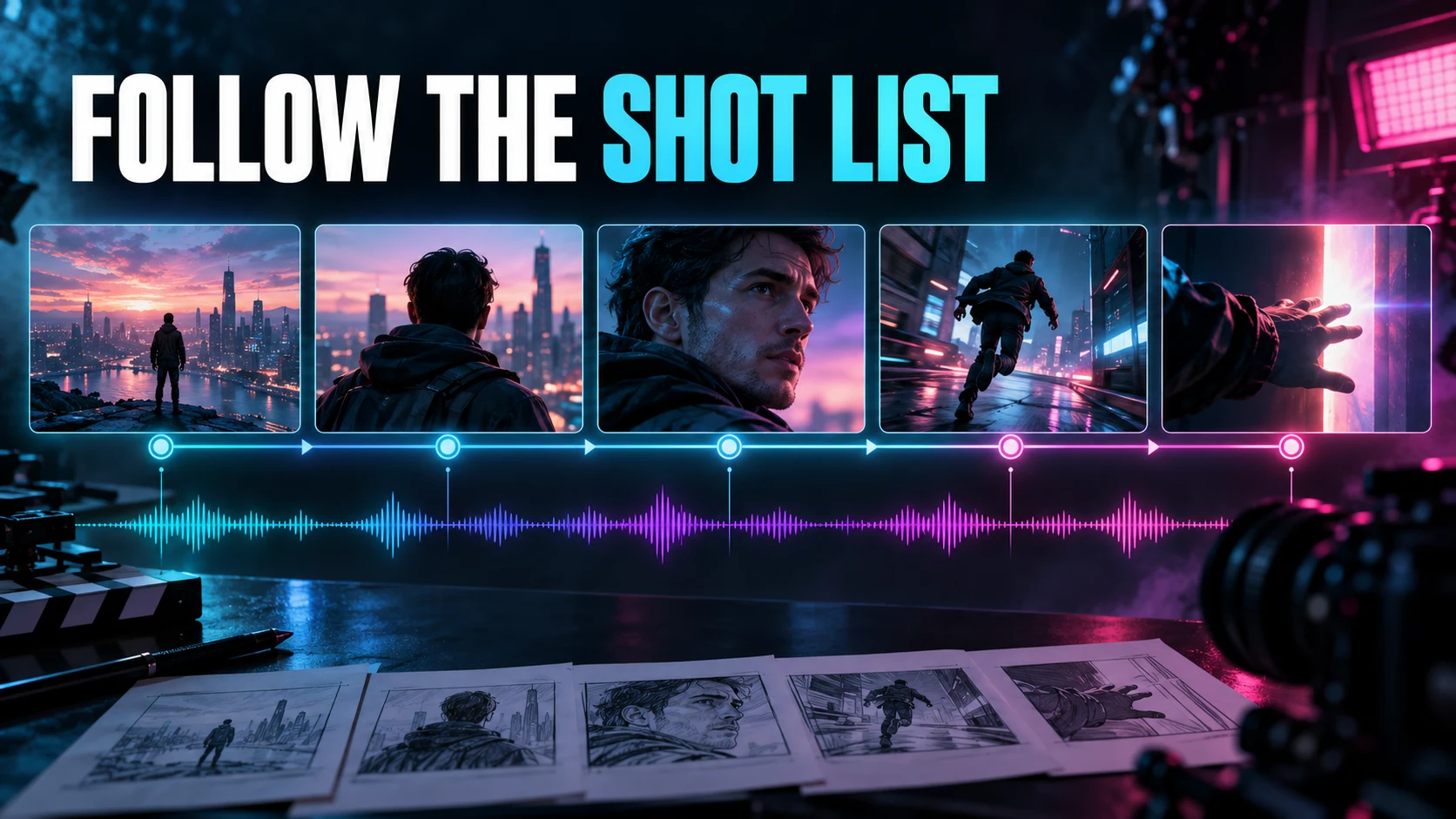 Five cinematic storyboard frames connect along a shot timeline above a music waveform.
