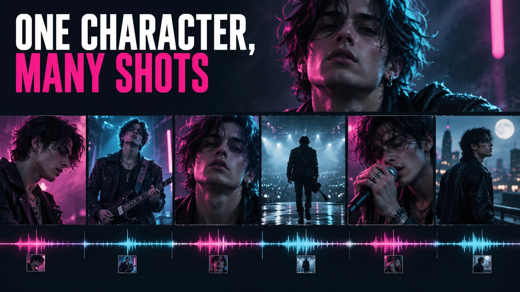The same fictional musician appears across multiple music-video shots with changing framing and lighting.