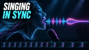 A singer's profile, waveform, and sequence of mouth positions illustrate singing lip sync.