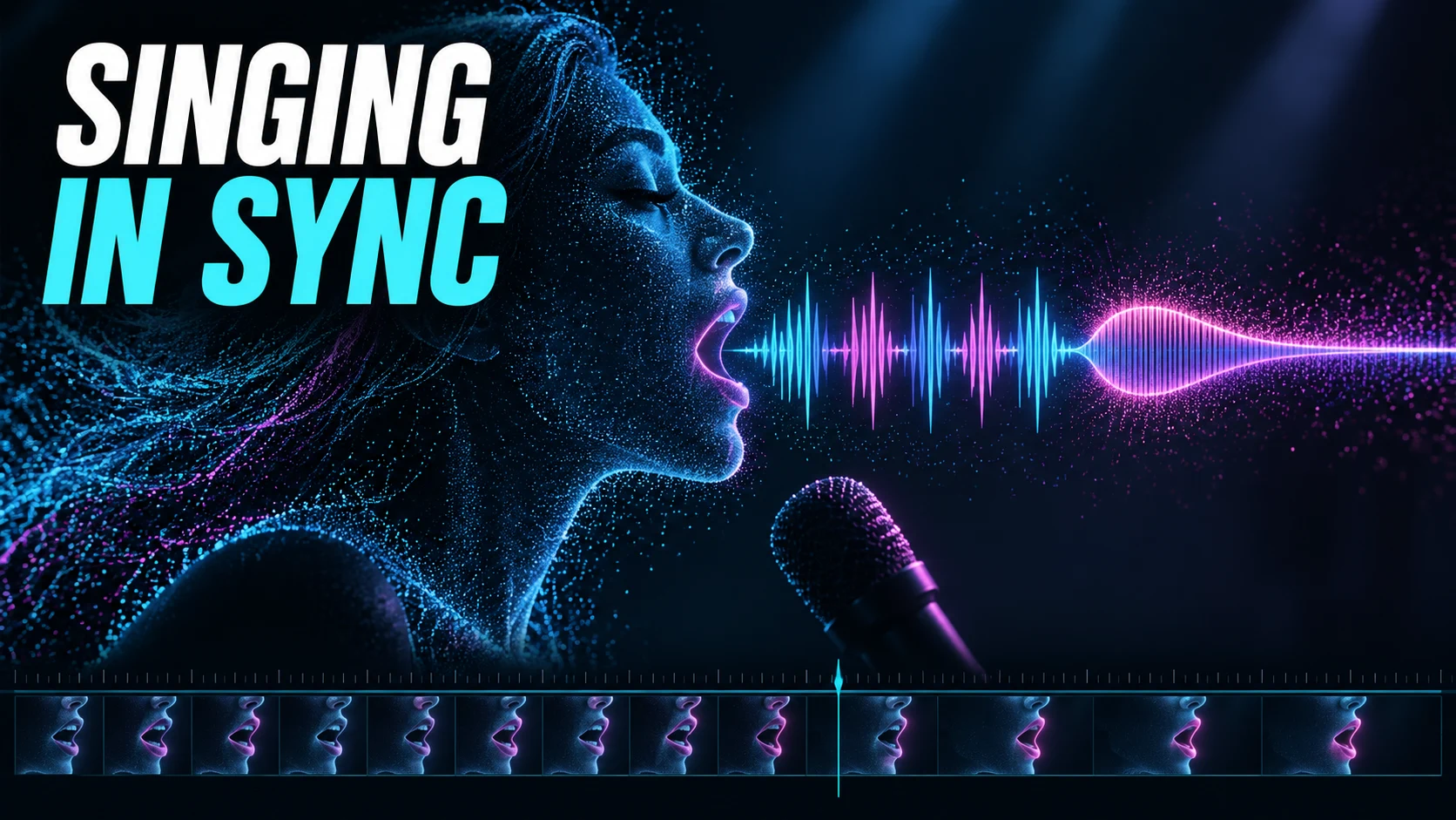 A singer's profile, waveform, and sequence of mouth positions illustrate singing lip sync.