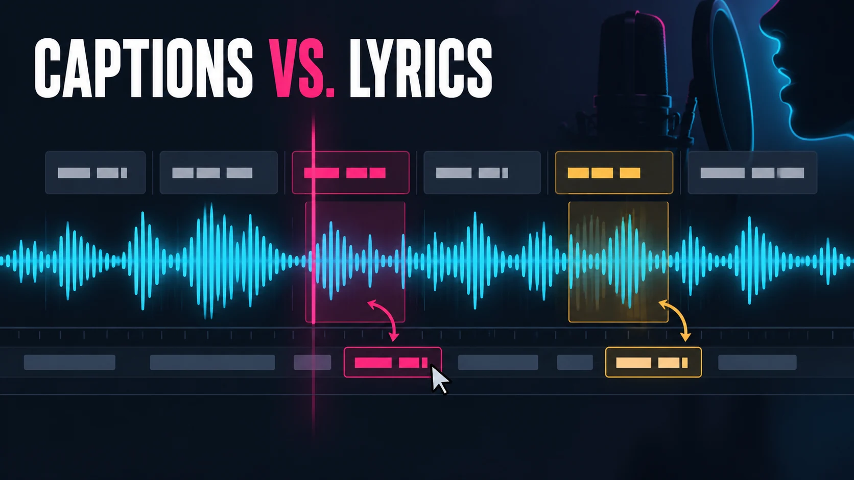 Caption bars and correction markers sit above a music waveform to show lyric transcription edits.