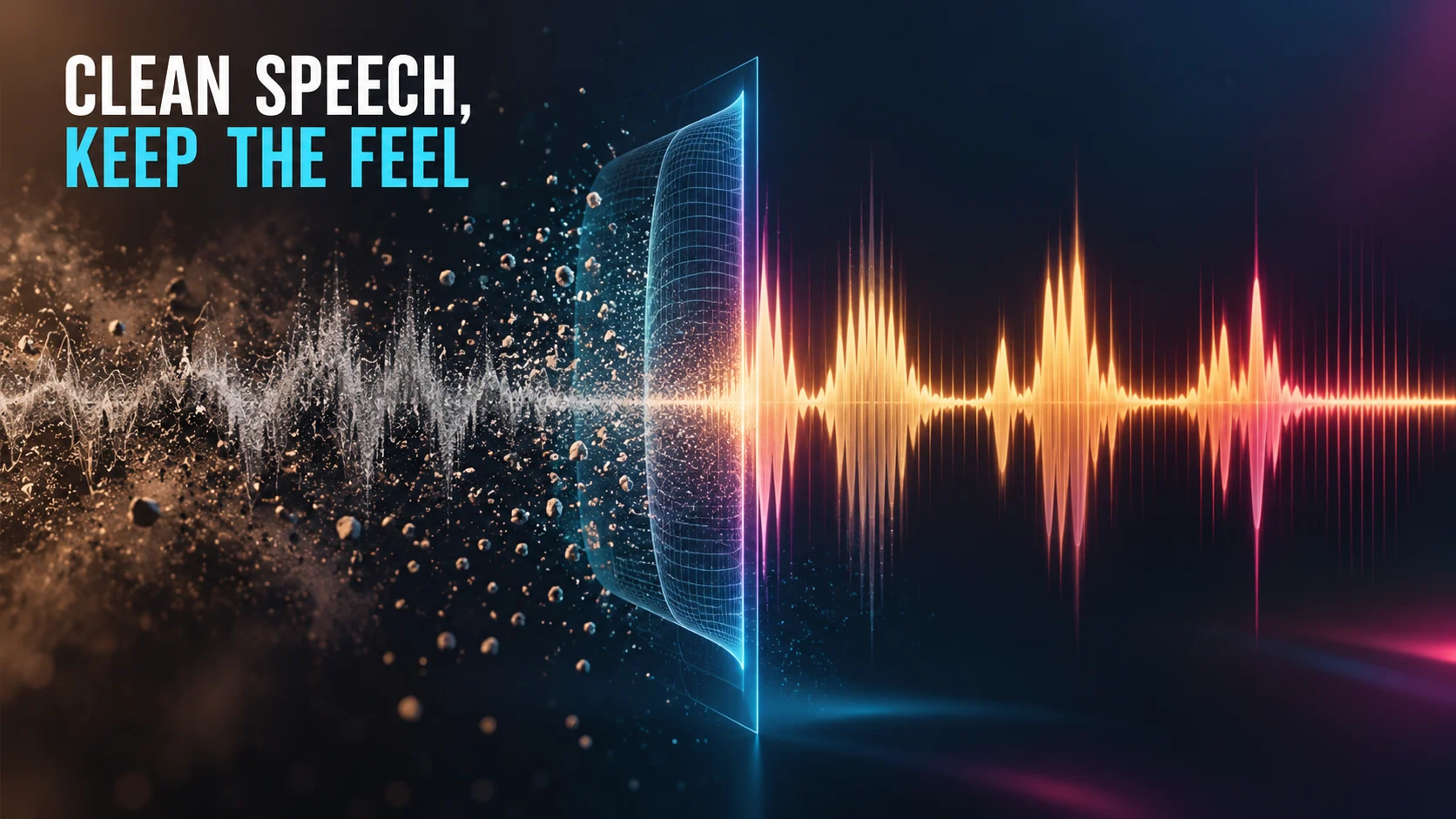 Background noise particles fade through a digital filter while an expressive speech waveform remains.
