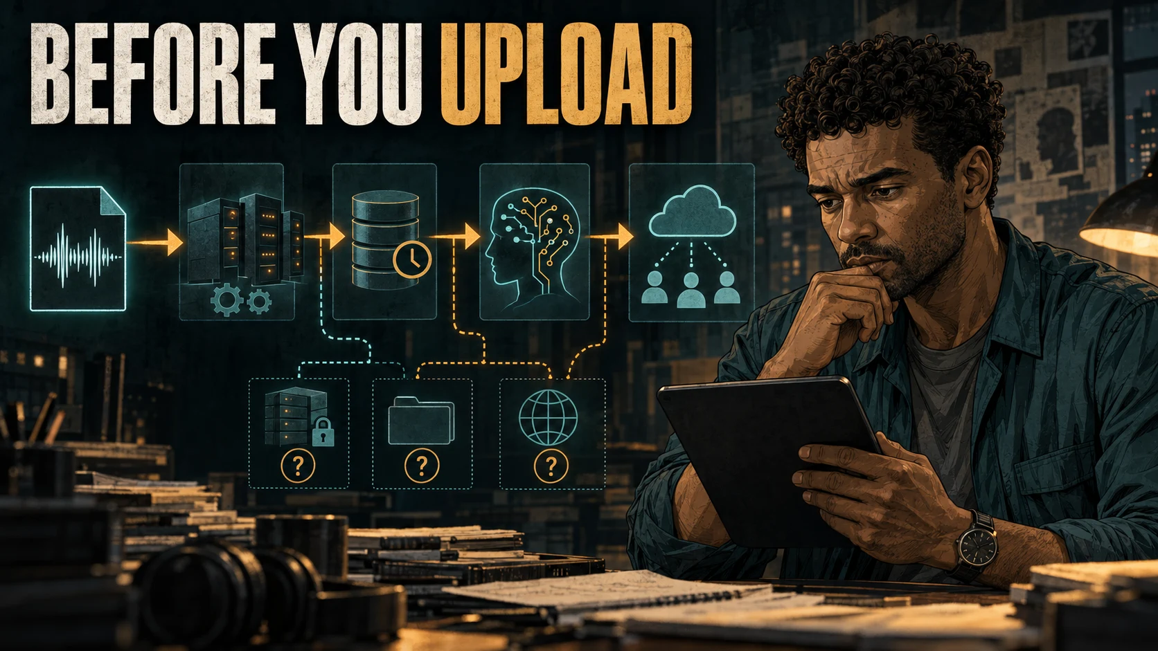 Adrian Cole reviews a file's processing, storage, model-training, and sharing pathways on a tablet.