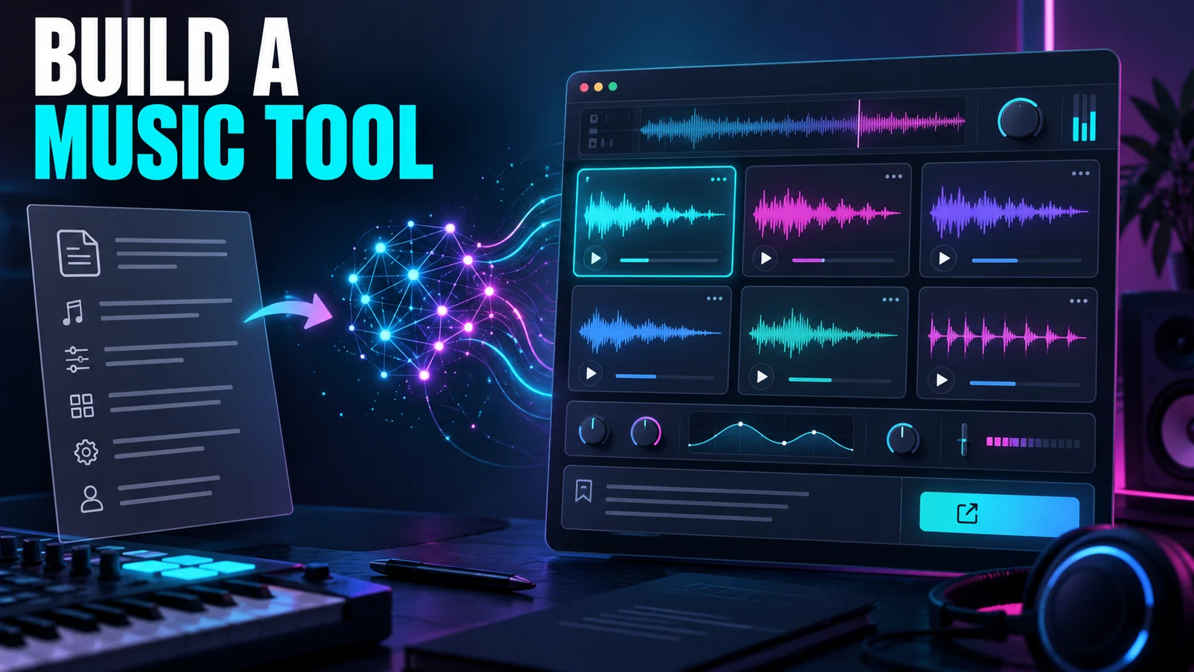 A structured project brief leads to a compact music audition tool with several waveform choices.
