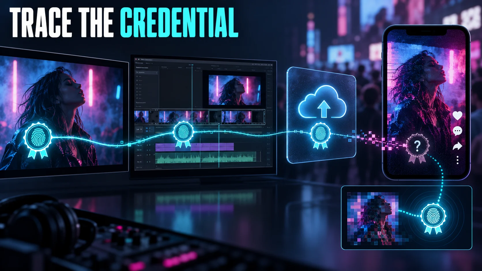A provenance credential follows a video from editing software through upload and social-media processing.