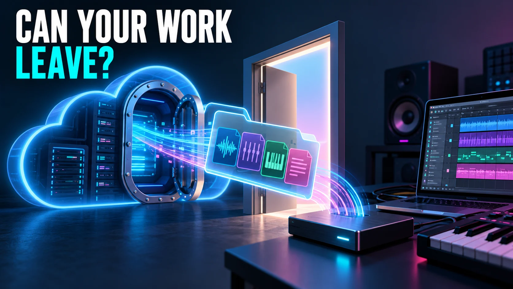 Audio, MIDI, and lyric files move from a cloud subscription through an exit to a local drive and workstation.